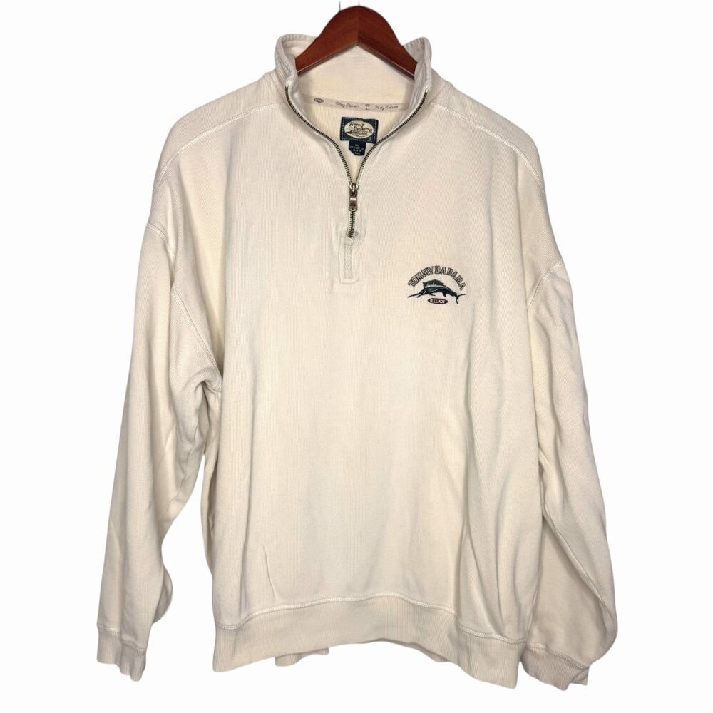 Tommy Bahama Quarter Zip Cream Ribbed Sweater Mens Size XL 100% Cotton Vintage